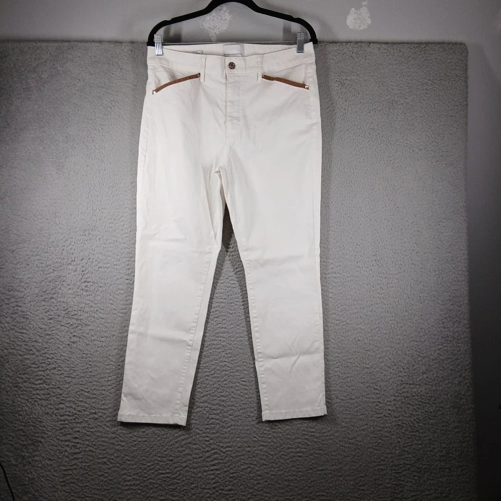 WHBM High Rise Slim Crop Pants Off White‎ Tan Pocket Trim Size 14